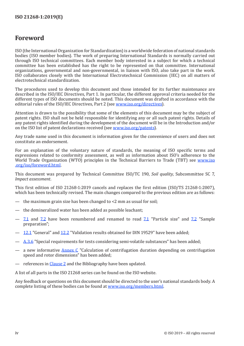 ISO 21268-1:2019 ISO 21268-1:2019 - Soil quality — Leaching procedures for subsequent chemical and ecotoxicological testing of soil and soil-like materials — Part 1: Batch test using a liquid to solid ratio of 2 l/kg dry matter/4/2019 - Page 4 preview
