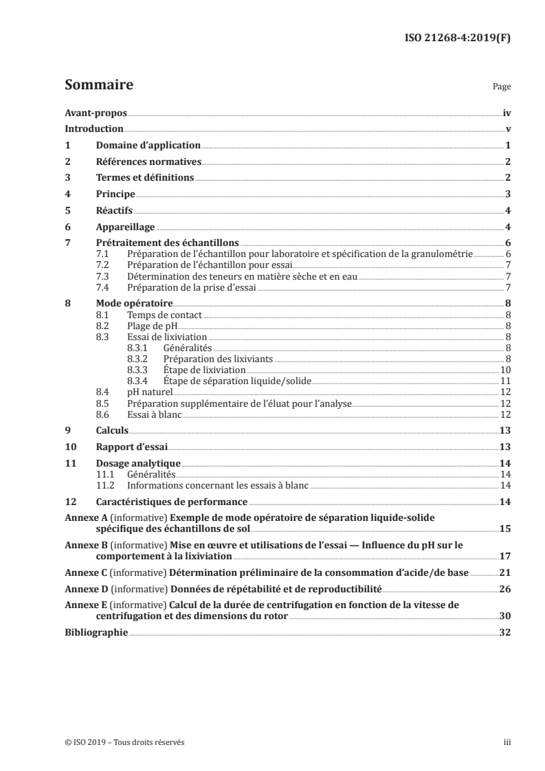 ISO 21268-4:2019 ISO 21268-4:2019 - Qualité du sol — Modes opératoires de lixiviation en vue d'essais chimiques et écotoxicologiques ultérieurs des sols et matériaux analogues au sol — Partie 4: Essai de dépendance au pH avec ajout initial d'acide/de base/13/2019 - Page 3 preview