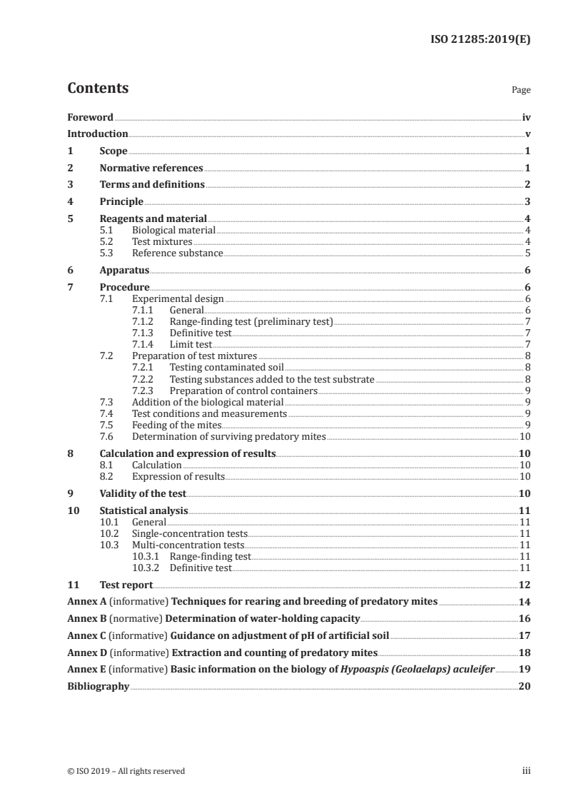 ISO 21285:2019 ISO 21285:2019 - Soil quality — Inhibition of reproduction of the soil mite (Hypoaspis aculeifer) by soil contaminants/26/2019 - Page 3 preview
