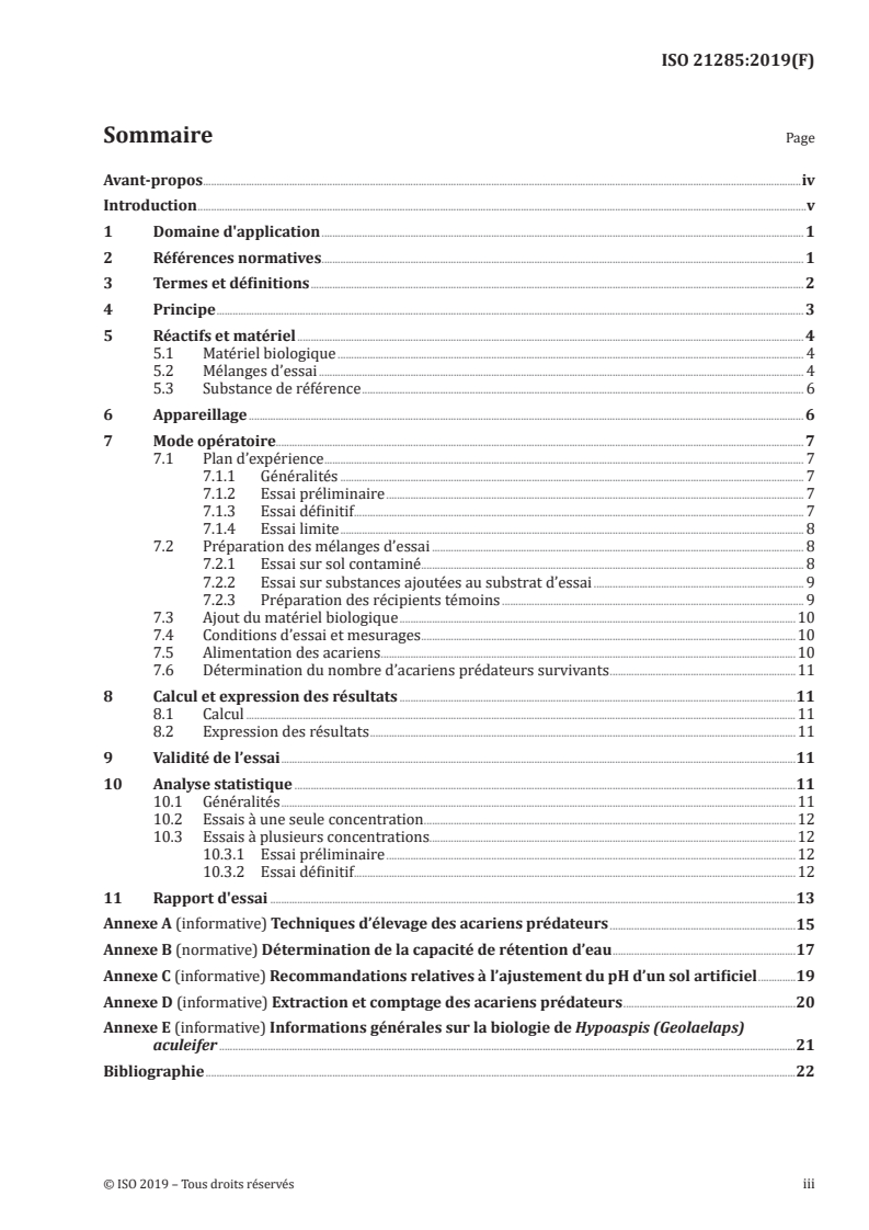 ISO 21285:2019 ISO 21285:2019 - Qualité du sol — Inhibition de la reproduction de l'acarien prédateur (Hypoaspis aculeifer) par des contaminants du sol/26/2019 - Page 3 preview