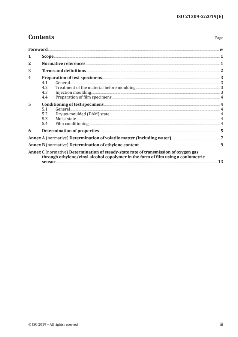 ISO 21309-2:2019 ISO 21309-2:2019 - Plastics — Ethylene/vinyl alcohol (EVOH) copolymer moulding and extrusion materials — Part 2: Preparation of test specimens and determination of properties/13/2019 - Page 3 preview