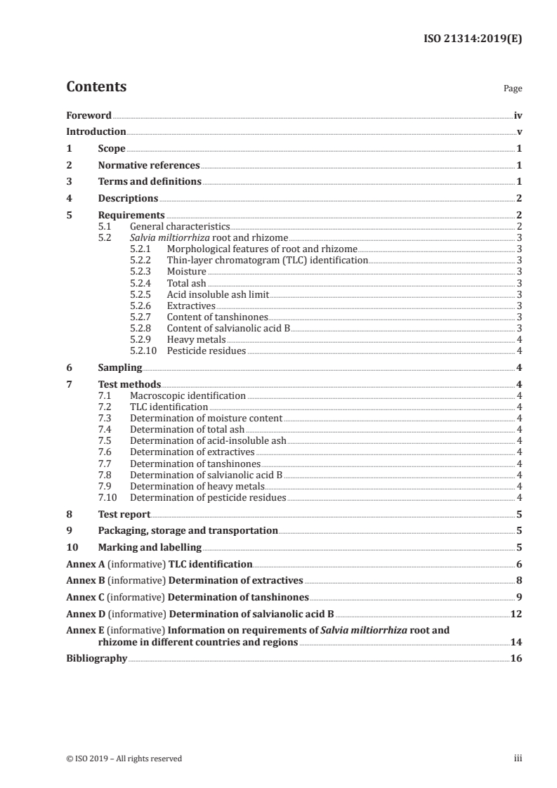 ISO 21314:2019 ISO 21314:2019 - Traditional Chinese medicine — Salvia miltiorrhiza root and rhizome/19/2019 - Page 3 preview
