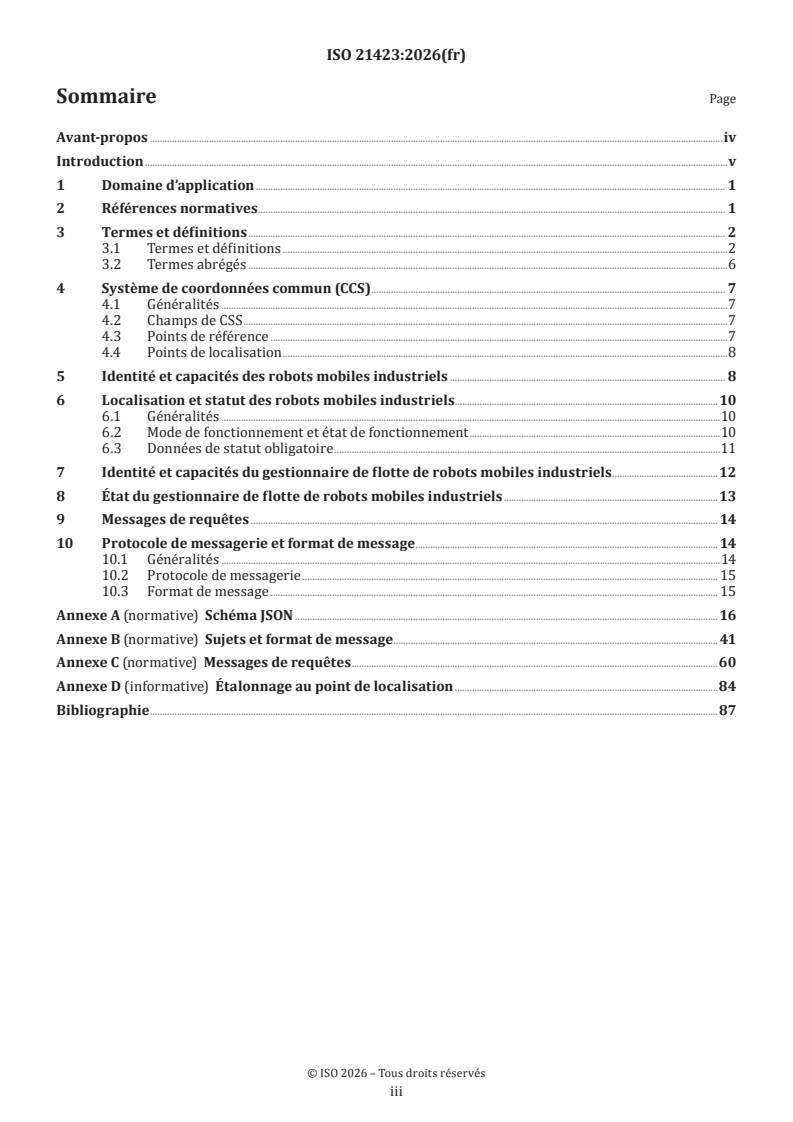 ISO 21423:2026 ISO 21423:2026 - Robotique — Robots mobiles industriels — Communications et interopérabilité - Page 3 preview