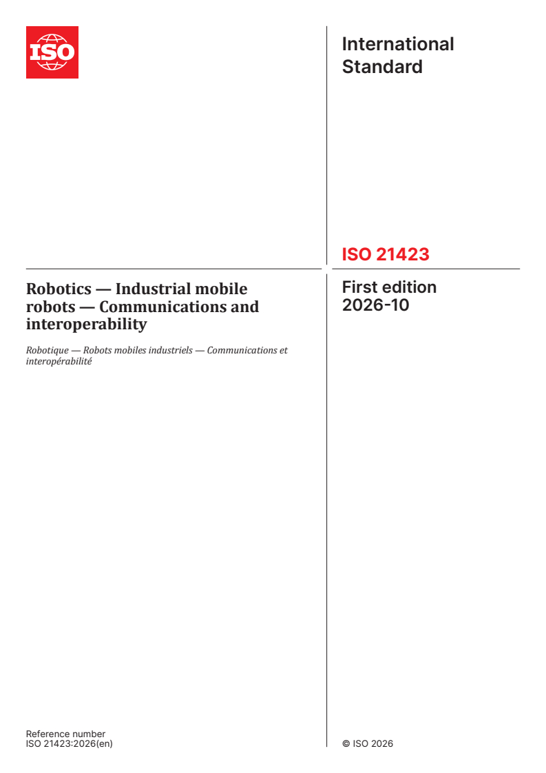 ISO 21423:2026 ISO 21423:2026 - Robotics — Industrial mobile robots — Communications and interoperability - Page 1 preview