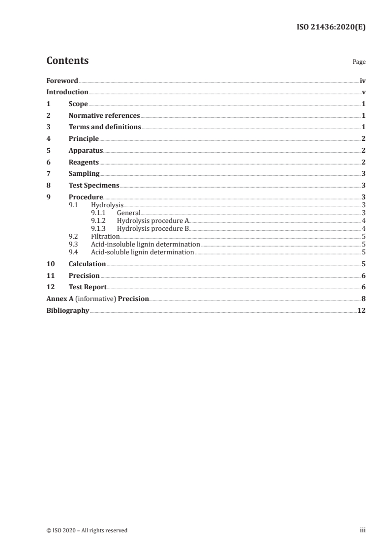 ISO 21436:2020 ISO 21436:2020 - Pulps — Determination of lignin content — Acid hydrolysis method/8/2020 - Page 3 preview