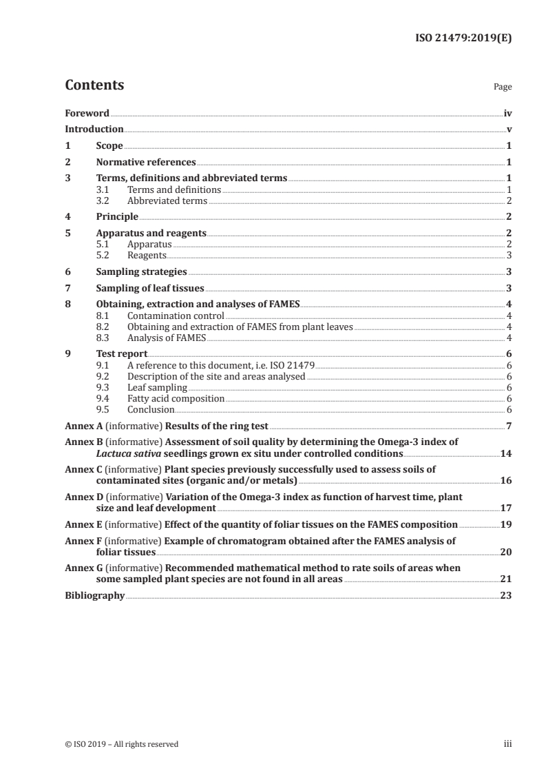 ISO 21479:2019 ISO 21479:2019 - Soil quality — Determination of the effects of pollutants on soil flora — Leaf fatty acid composition of plants used to assess soil quality/5/2019 - Page 3 preview
