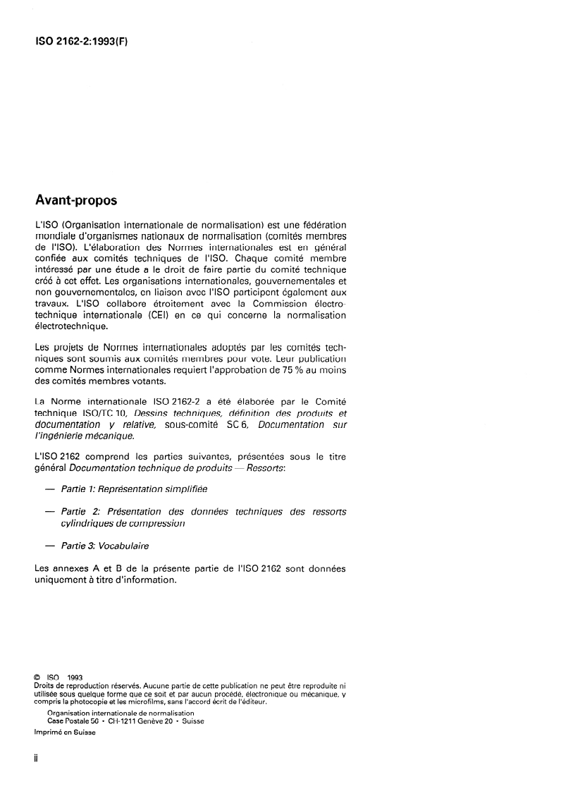 SIST ISO 2162-2:1995 ISO 2162-2:1993 - Documentation technique de produits — Ressorts — Partie 2: Présentation des données techniques des ressorts cylindriques de compression/25/1993 - Page 2 preview