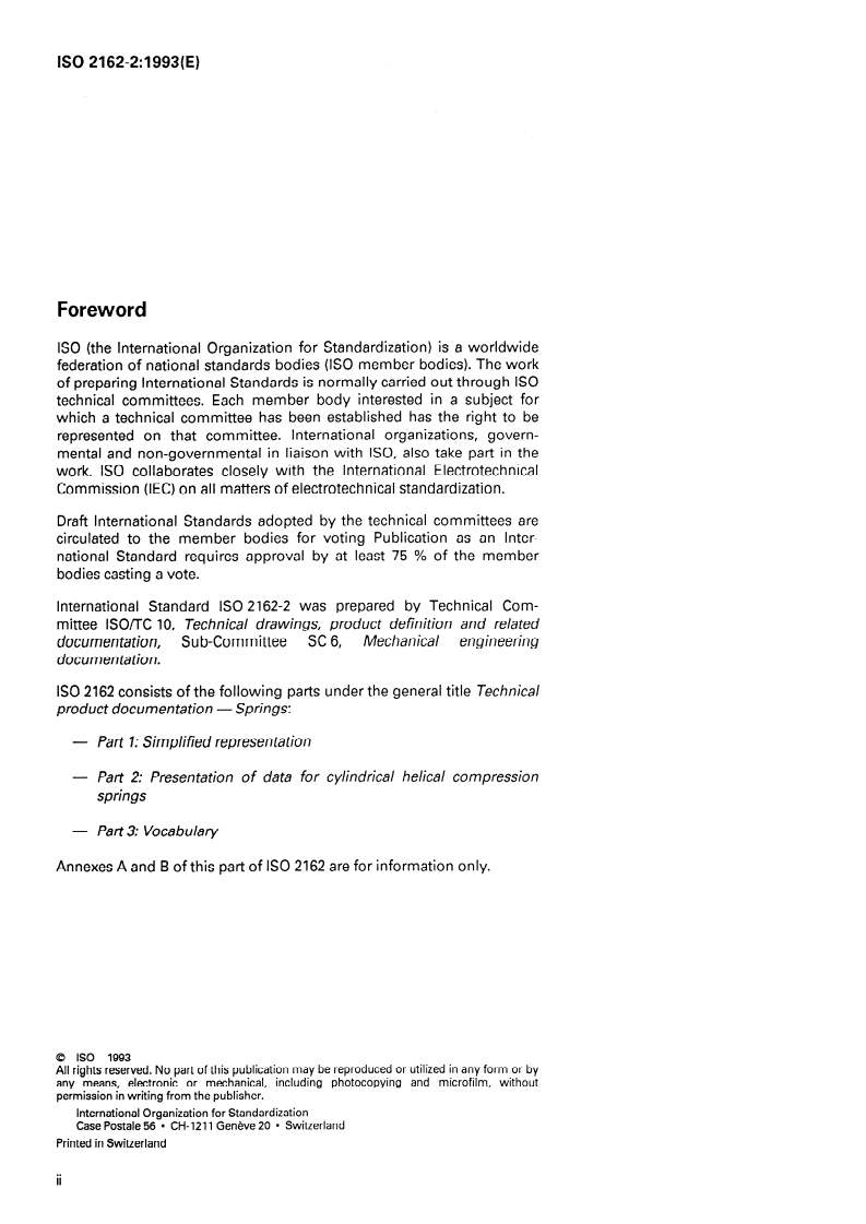 SIST ISO 2162-2:1995 ISO 2162-2:1993 - Technical product documentation — Springs — Part 2: Presentation of data for cylindrical helical compression springs/25/1993 - Page 2 preview