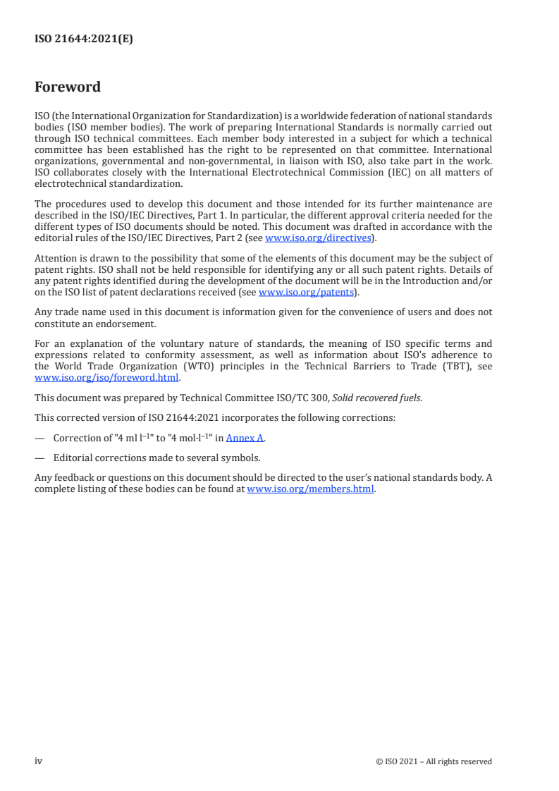 ISO 21644:2021 ISO 21644:2021 - Solid recovered fuels — Methods for the determination of biomass content/25/2021 - Page 4 preview