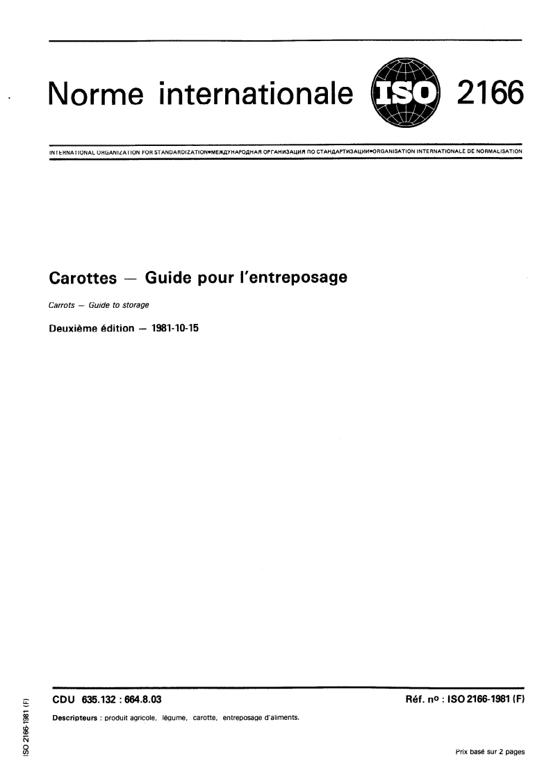 ISO 2166:1981 ISO 2166:1981 - Carottes — Guide pour l'entreposage/1/1981 - Page 1 preview