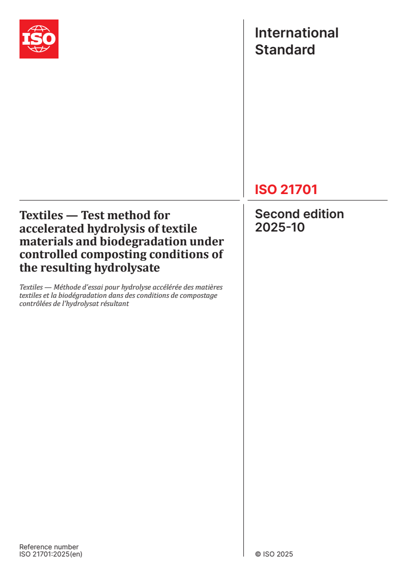 ISO 21701:2025 ISO 21701:2025 - Textiles —Test method for accelerated hydrolysis of textile materials and biodegradation under controlled composting conditions of the resulting hydrolysate
Released:22. 10. 2025
