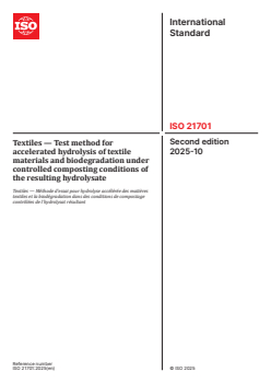 ISO 21701:2025 ISO 21701:2025 - Textiles —Test method for accelerated hydrolysis of textile materials and biodegradation under controlled composting conditions of the resulting hydrolysate
Released:22. 10. 2025 - Page 1 preview