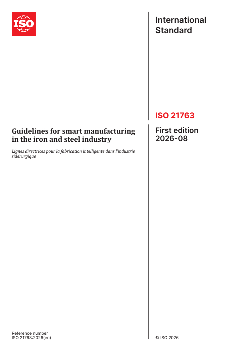 ISO 21763:2026 ISO 21763:2026 - Guidelines for smart manufacturing in the iron and steel industry - Page 1 preview