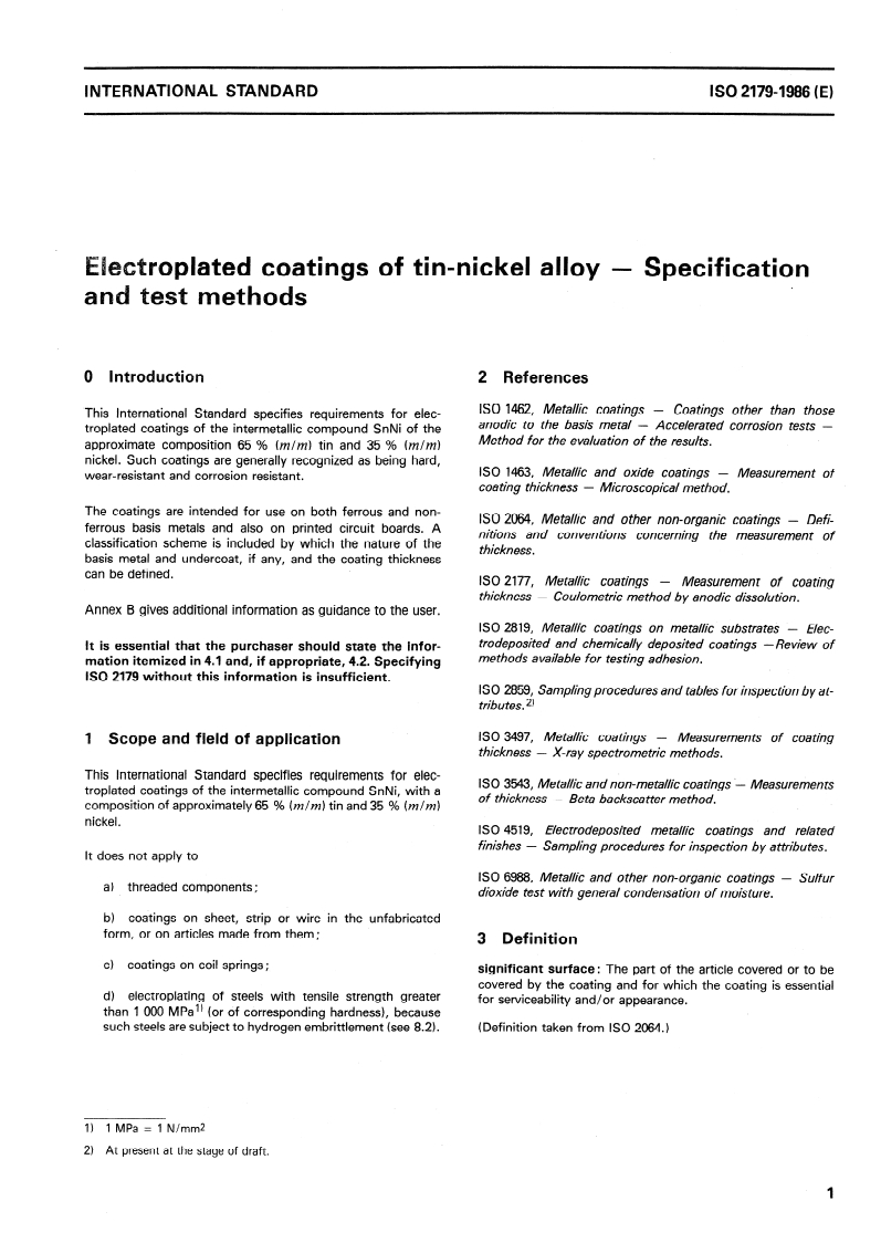 ISO 2179:1986 ISO 2179:1986 - Electroplated coatings of tin-nickel alloy — Specification and test methods/18/1986 - Page 3 preview