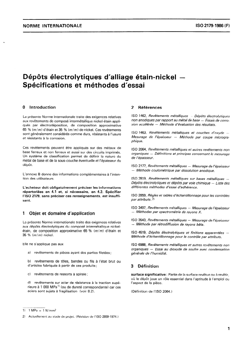ISO 2179:1986 ISO 2179:1986 - Dépôts électrolytiques d'alliage étain-nickel — Spécifications et méthodes d'essai/18/1986 - Page 3 preview