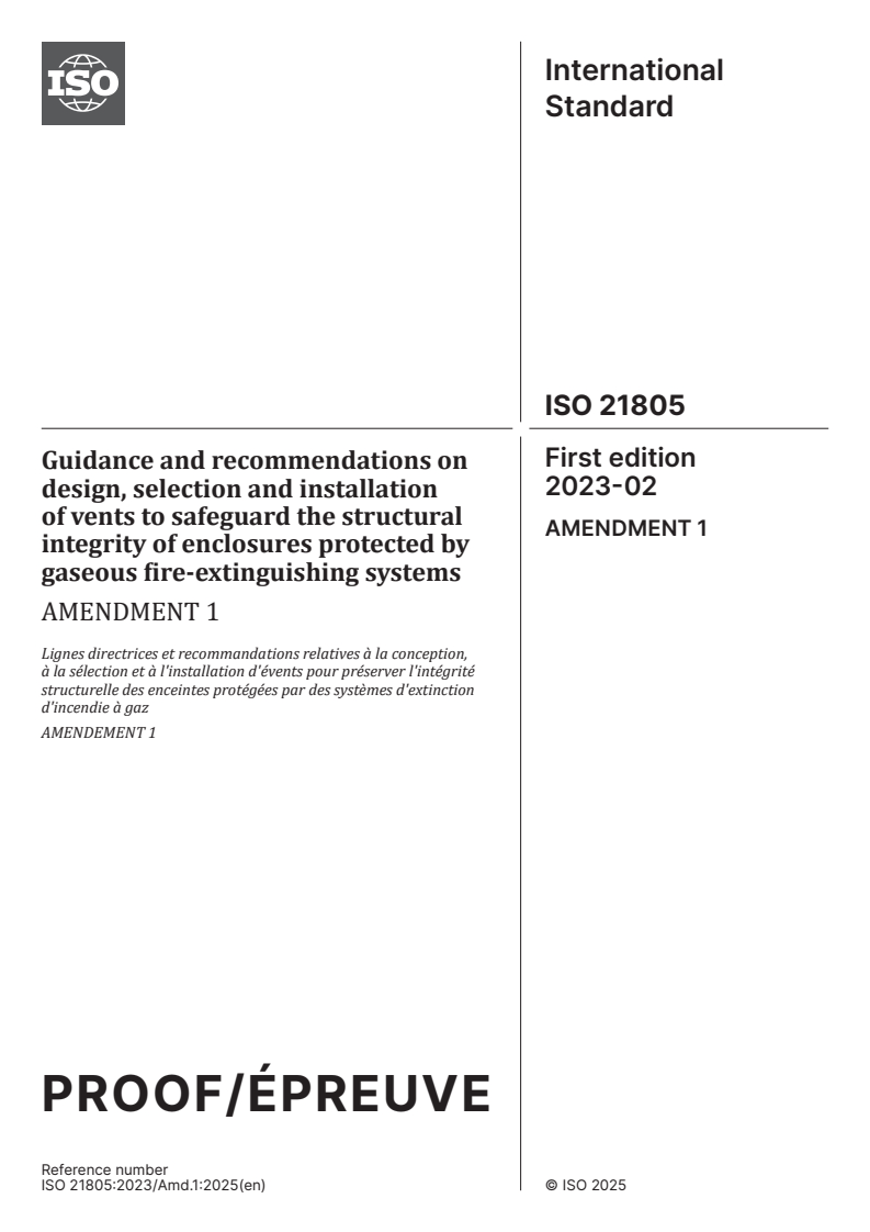ISO 21805:2023/PRF Amd 1 - Guidance and recommendations on design, selection and installation of vents to safeguard the structural integrity of enclosures protected by gaseous fire-extinguishing systems — Amendment 1
Released:3. 11. 2025
