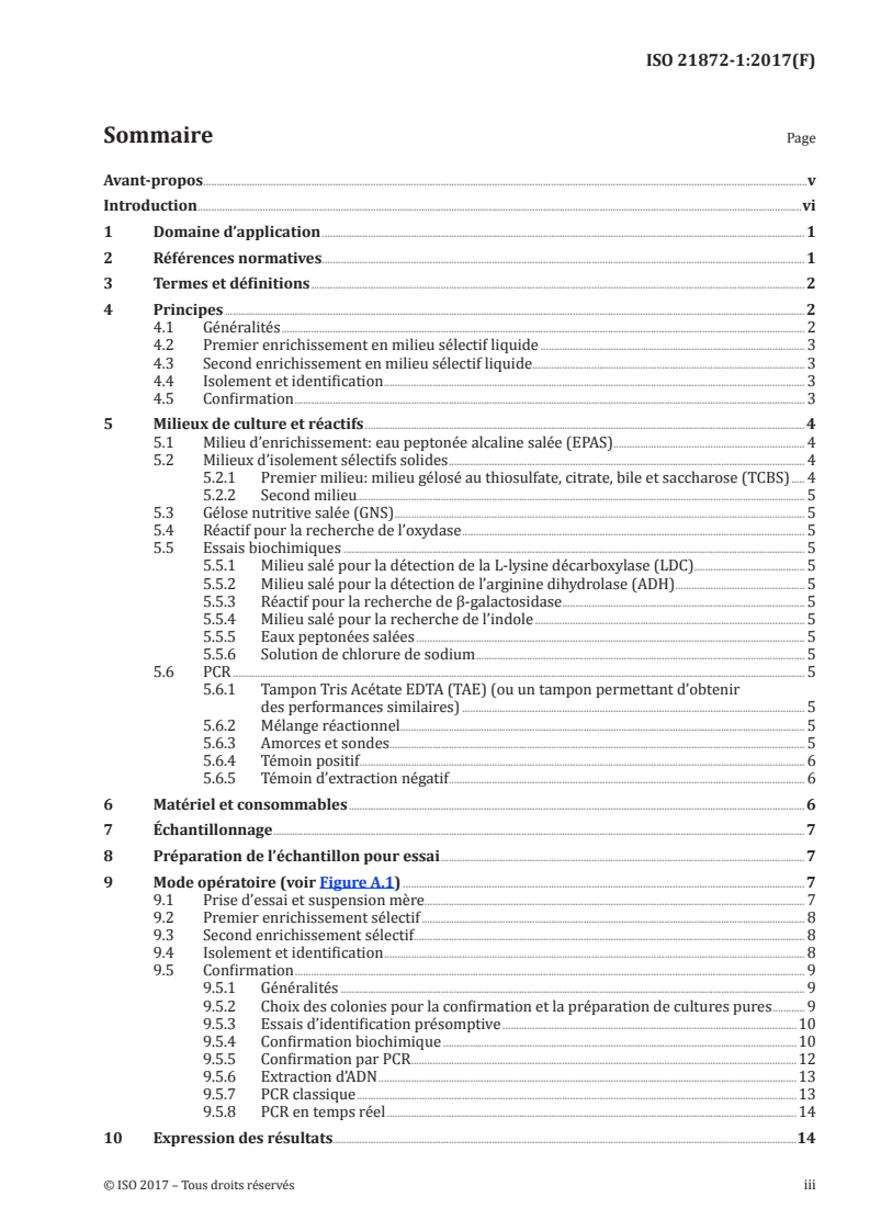 ISO 21872-1:2017 ISO 21872-1:2017 - Microbiologie de la chaîne alimentaire — Méthode horizontale pour la détermination des Vibrio spp. — Partie 1: Recherche des espèces de Vibrio parahaemolyticus, Vibrio cholerae et Vibrio vulnificus potentiellement entéropathogènes/10/2017 - Page 3 preview