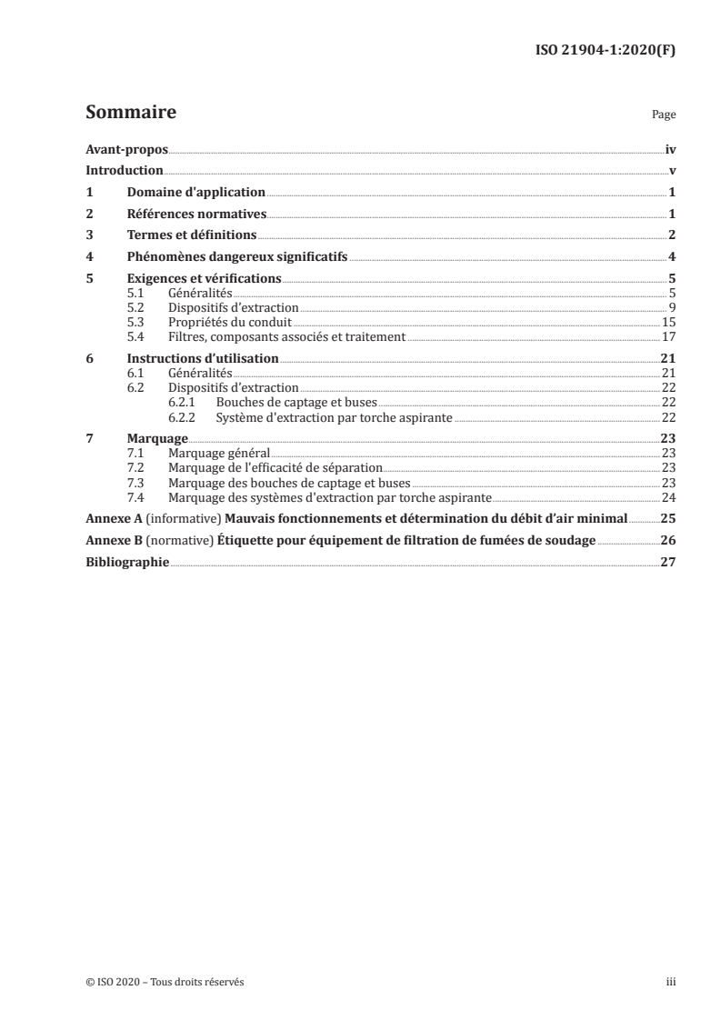 ISO 21904-1:2020 ISO 21904-1:2020 - Hygiène et sécurité en soudage et techniques connexes — Equipements de captage et de filtration des fumées — Partie 1: Exigences générales/21/2020 - Page 3 preview