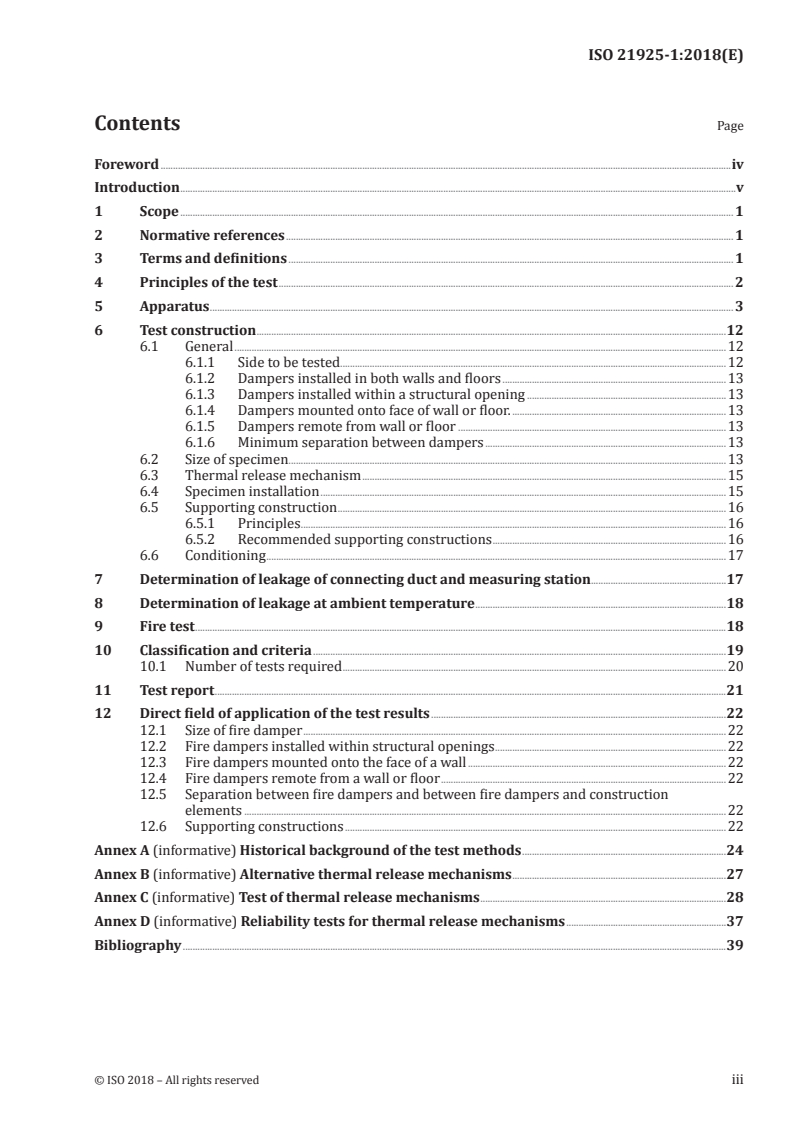 ISO 21925-1:2018 ISO 21925-1:2018 - Fire resistance tests — Fire dampers for air distribution systems — Part 1: Mechanical dampers/28/2018 - Page 3 preview