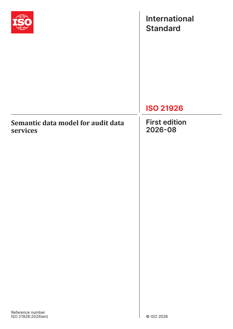 ISO 21926:2026 ISO 21926:2026 - Semantic data model for audit data services - Page 1 preview