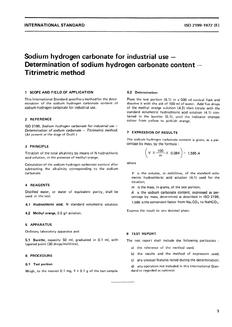 ISO 2199:1972 ISO 2199:1972 - Sodium hydrogen carbonate for industrial use — Determination of sodium hydrogen carbonate content — Titrimetric method/1/1972 - Page 3 preview