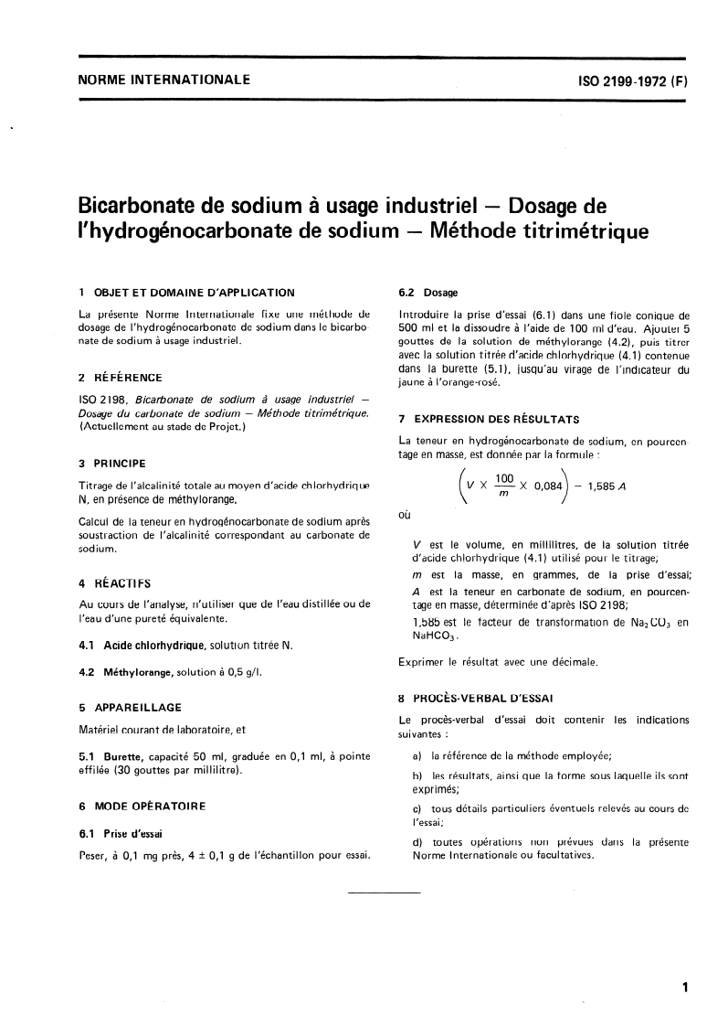 ISO 2199:1972 ISO 2199:1972 - Bicarbonate de sodium à usage industriel — Dosage de l'hydrogénocarbonate de sodium — Méthode titrimétrique/1/1972 - Page 3 preview
