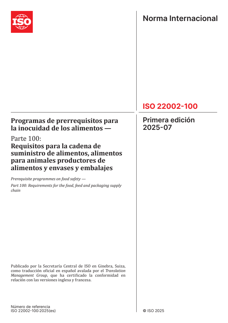ISO 22002-100:2025 ISO 22002-100:2025 - Prerequisite programmes on food safety — Part 100: Requirements for the food, feed and packaging supply chain - Page 1 preview