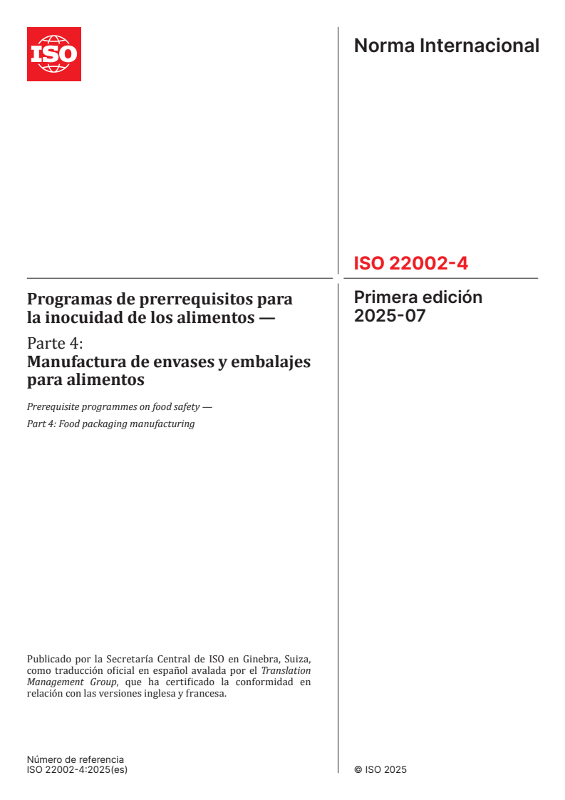 ISO 22002-4:2025 ISO 22002-4:2025 - Prerequisite programmes on food safety — Part 4: Food packaging manufacturing - Page 1 preview