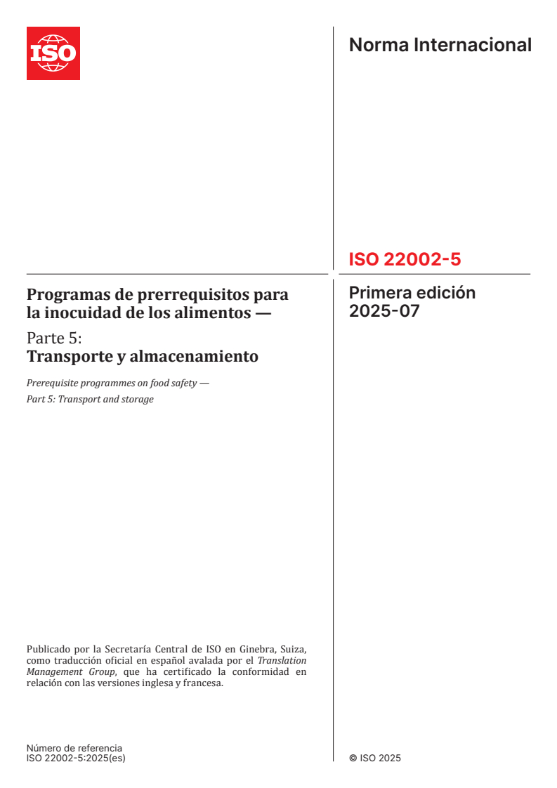 ISO 22002-5:2025 ISO 22002-5:2025 - Prerequisite programmes on food safety — Part 5: Transport and storage - Page 1 preview