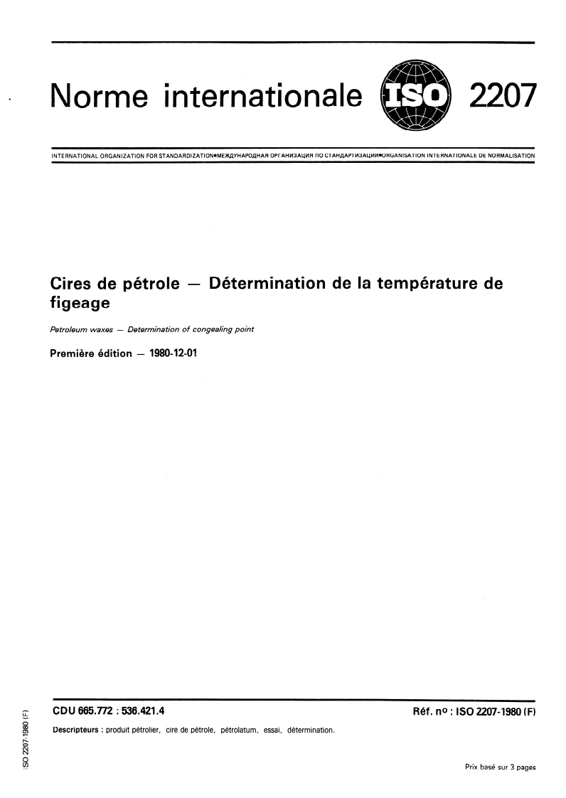 ISO 2207:1980 ISO 2207:1980 - Cires de pétrole — Détermination de la température de figeage/1/1980 - Page 1 preview