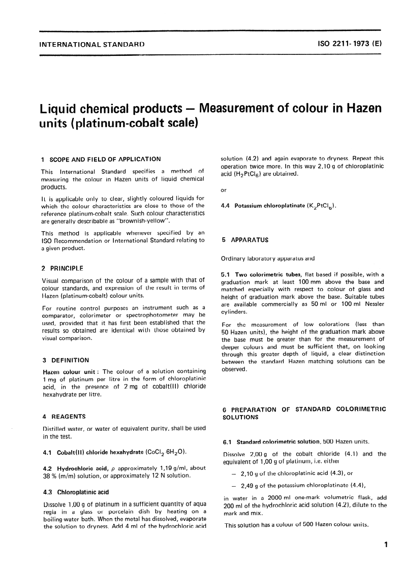 ISO 2211:1973 ISO 2211:1973 - Liquid chemical products — Measurement of colour in Hazen units (platinum-cobalt scale)/1/1973 - Page 3 preview
