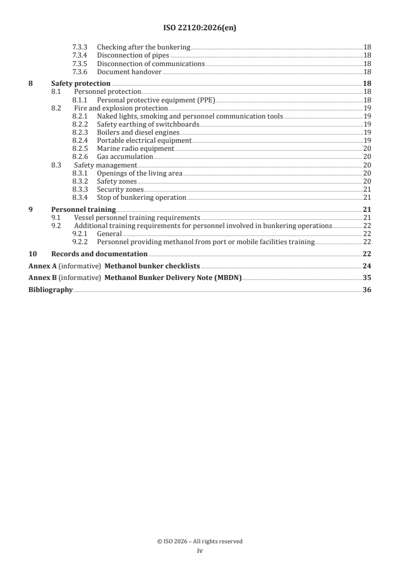 ISO 22120:2026 ISO 22120:2026 - Ships and marine technology — Specification for bunkering of methanol fuelled vessels - Page 4 preview