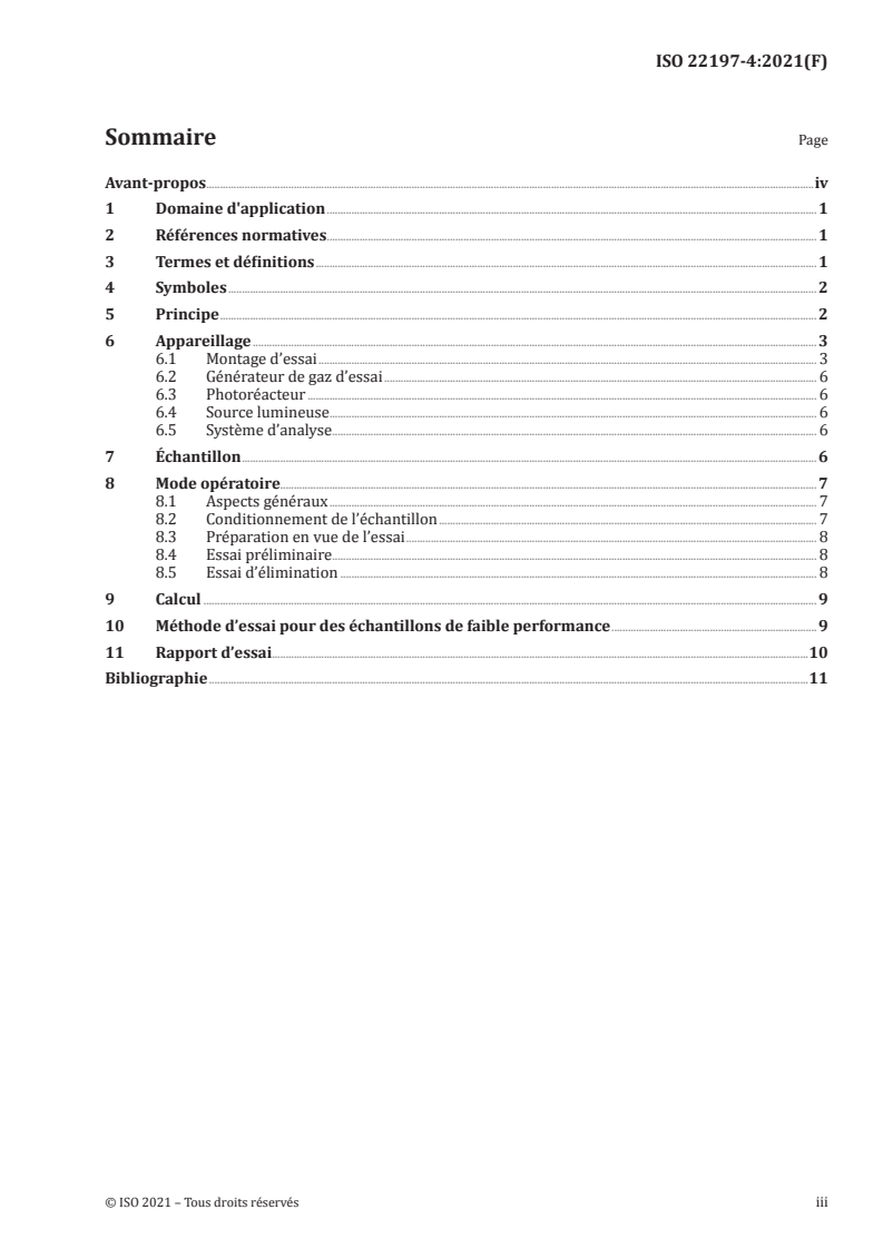 ISO 22197-4:2021 ISO 22197-4:2021 - Céramiques techniques — Méthodes d'essai relatives à la performance des matériaux photocatalytiques semi-conducteurs pour la purification de l'air — Partie 4: Élimination du formaldéhyde
Released:7/6/2021 - Page 3 preview