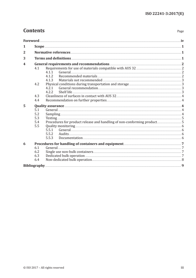 ISO 22241-3:2017 ISO 22241-3:2017 - Diesel engines — NOx reduction agent AUS 32 — Part 3: Handling, transportation, and storage/26/2017 - Page 3 preview