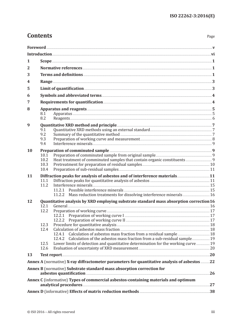 ISO 22262-3:2016 ISO 22262-3:2016 - Air quality — Bulk materials — Part 3: Quantitative determination of asbestos by X-ray diffraction method/5/2016 - Page 3 preview