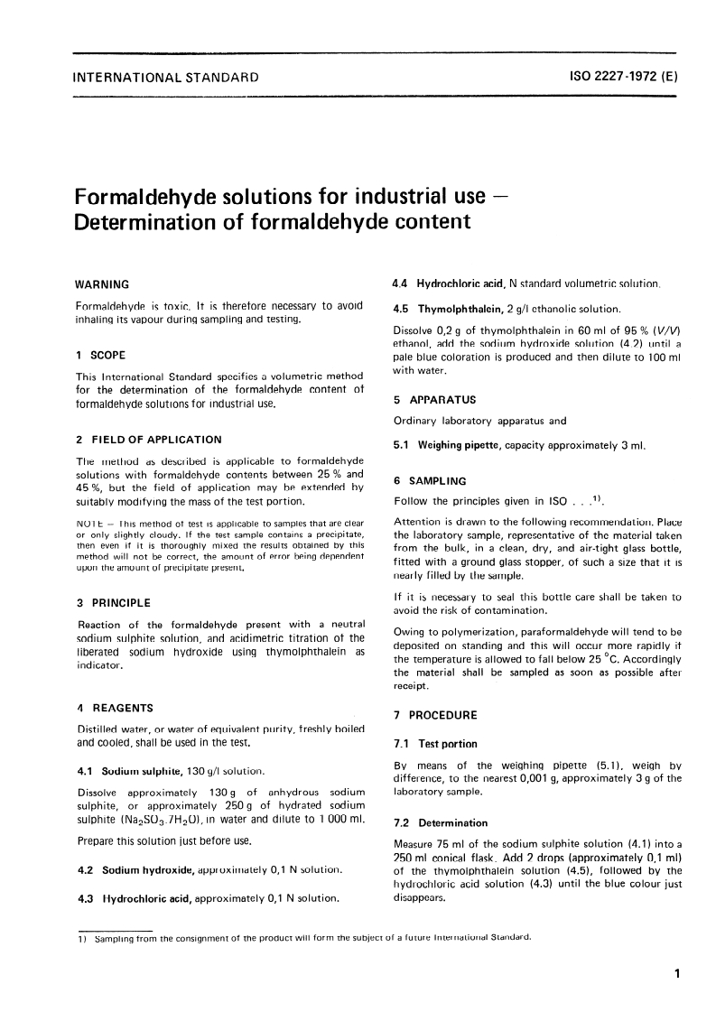 ISO 2227:1972 ISO 2227:1972 - Formaldehyde solutions for industrial use — Determination of formaldehyde content/1/1972 - Page 3 preview