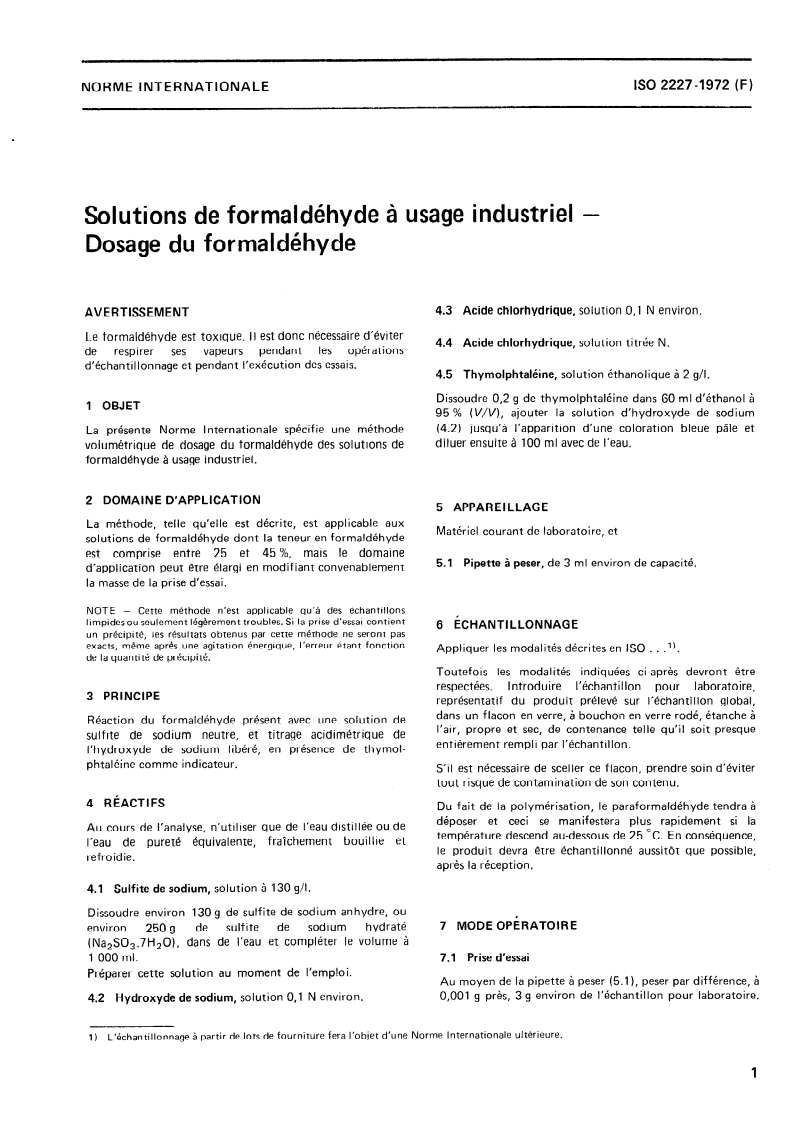 ISO 2227:1972 ISO 2227:1972 - Solutions de formaldéhyde à usage industriel — Dosage du formaldéhyde/1/1972 - Page 3 preview