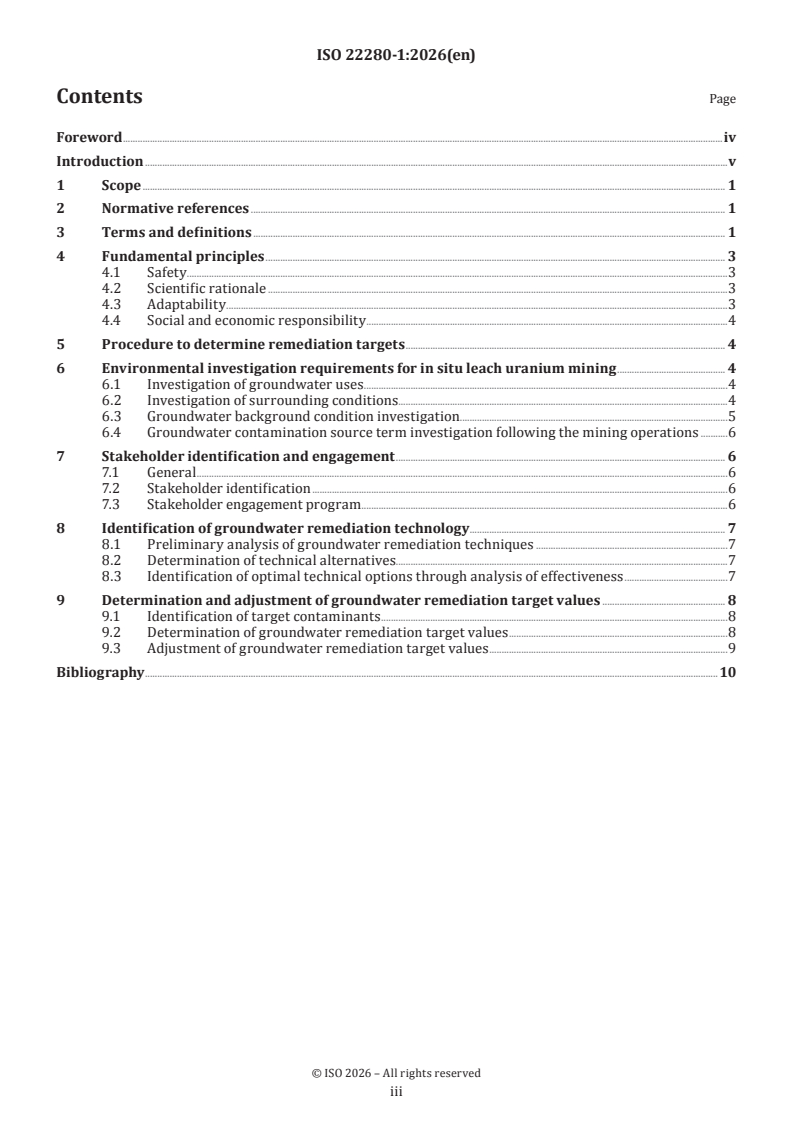 ISO 22280-1:2026 ISO 22280-1:2026 - Groundwater remediation for in situ leach uranium mining — Part 1: Determination of remediation targets - Page 3 preview