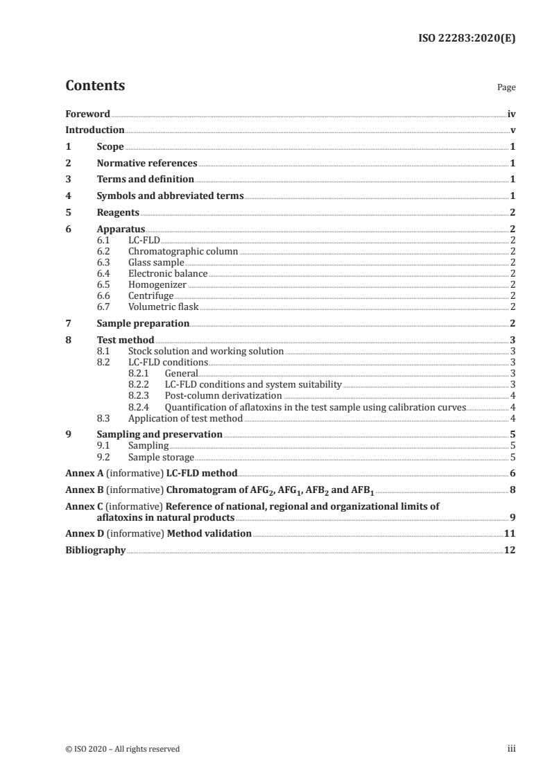 ISO 22283:2020 ISO 22283:2020 - Traditional Chinese medicine — Determination of aflatoxins in natural products by LC-FLD/5/2020 - Page 3 preview