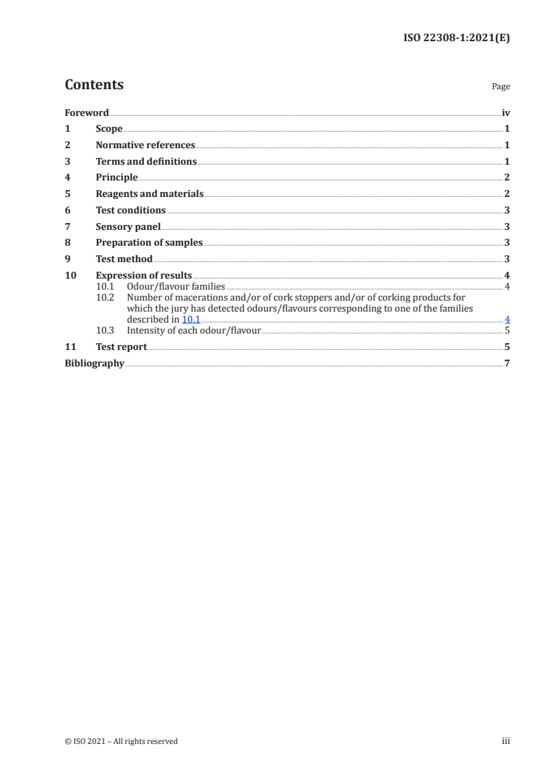 ISO 22308-1:2021 ISO 22308-1:2021 - Cork bark selected as bottling product — Part 1: Sensory evaluation — Methodology for sensory evaluation by soaking/7/2021 - Page 3 preview