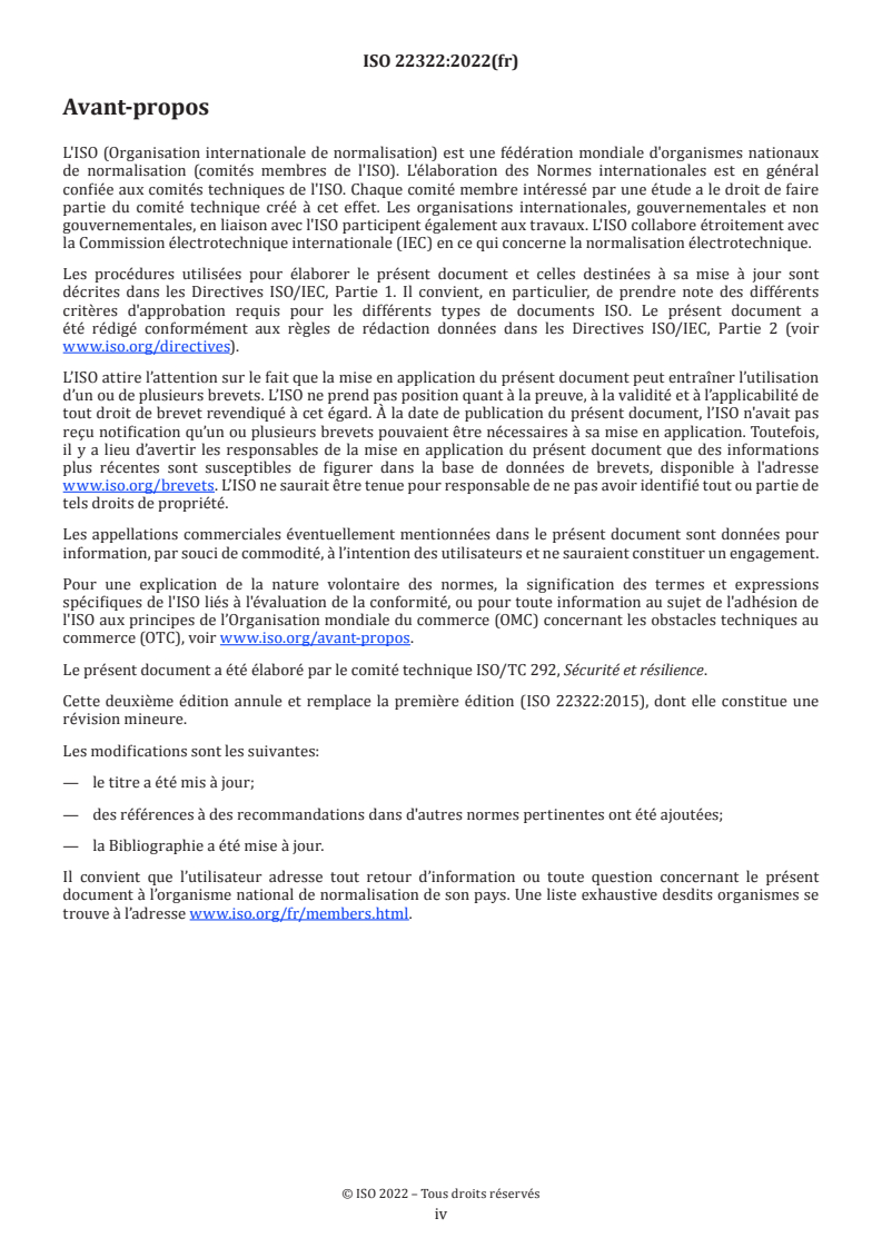 ISO 22322:2022 ISO 22322:2022 - Sécurité et résilience — Gestion des situations d'urgence — Lignes directrices pour l'avertissement public - Page 4 preview