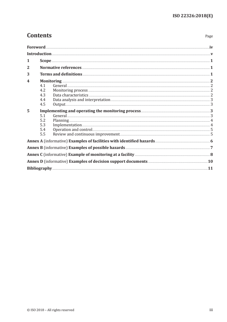 ISO 22326:2018 ISO 22326:2018 - Security and resilience — Emergency management — Guidelines for monitoring facilities with identified hazards/3/2018 - Page 3 preview
