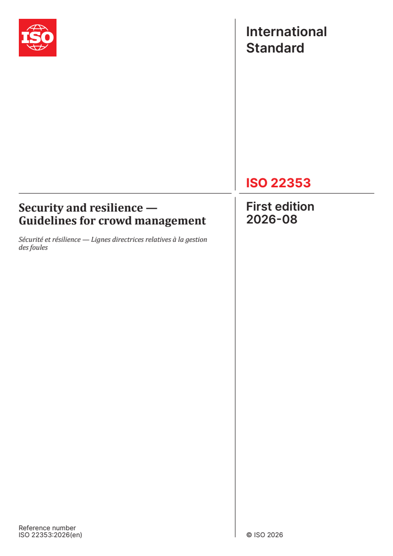 ISO 22353:2026 ISO 22353:2026 - Security and resilience — Guidelines for crowd management - Page 1 preview