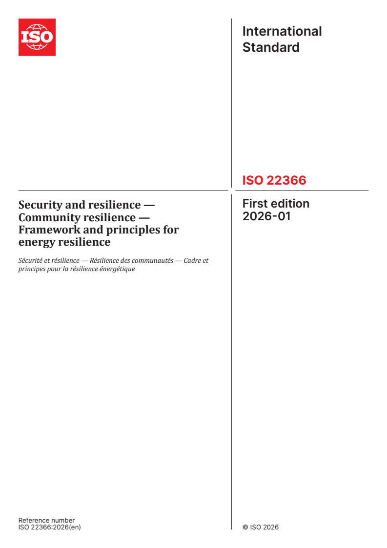 ISO 22366:2026 ISO 22366:2026 - Security and resilience — Community resilience — Framework and principles for energy resilience
Released:8. 01. 2026 - Page 1 preview