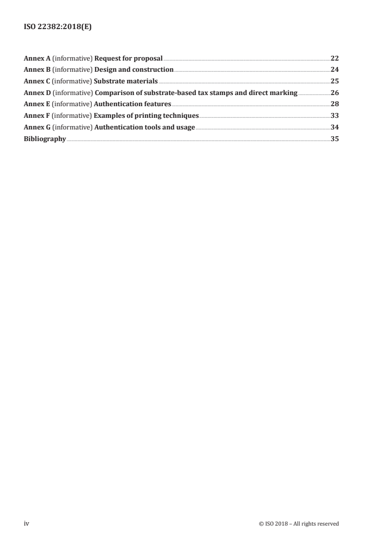 ISO 22382:2018 ISO 22382:2018 - Security and resilience — Authenticity, integrity and trust for products and documents — Guidelines for the content, security, issuance and examination of excise tax stamps/24/2018 - Page 4 preview