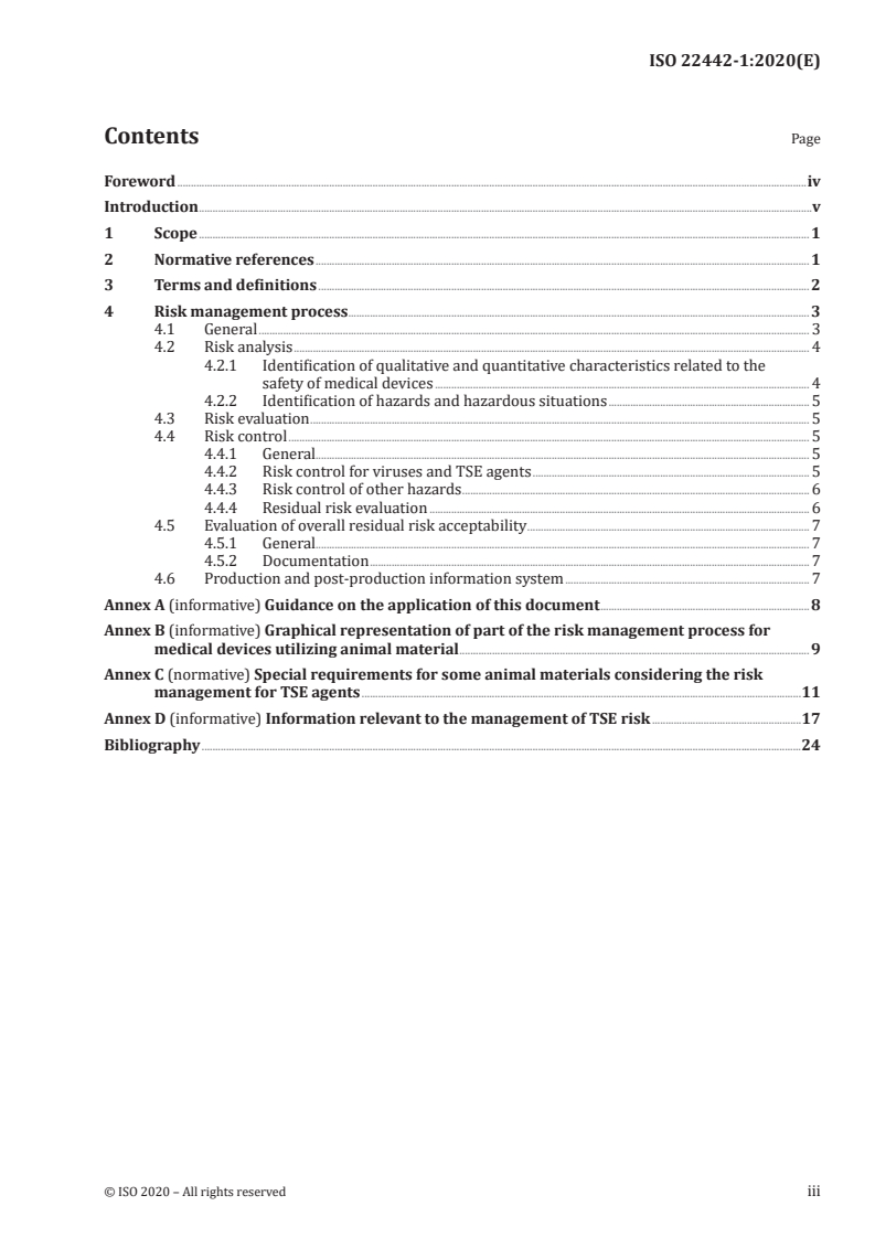 ISO 22442-1:2020 ISO 22442-1:2020 - Medical devices utilizing animal tissues and their derivatives — Part 1: Application of risk management/15/2020 - Page 3 preview