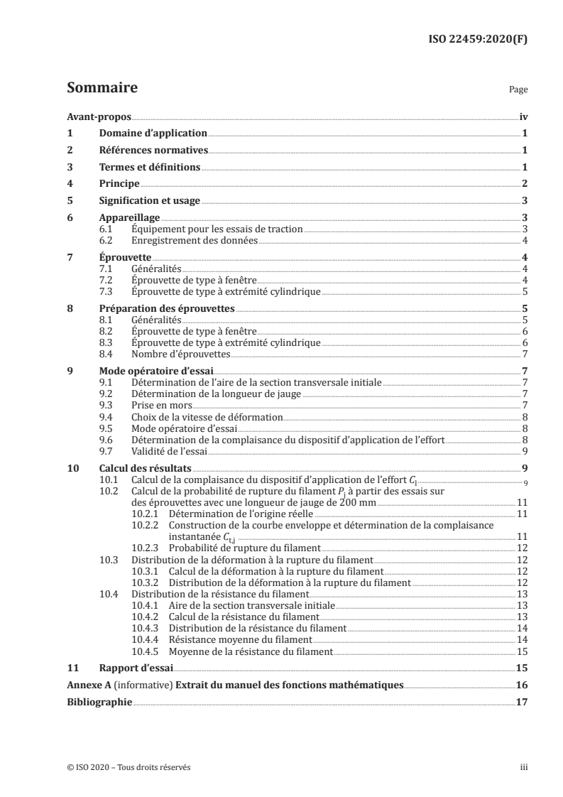 ISO 22459:2020 ISO 22459:2020 - Céramiques techniques — Renfort de céramiques composites — Détermination de la distribution de la résistance en traction et de la déformation à la rupture en traction de filaments dans un fil multifilamentaire à température ambiante/10/2020 - Page 3 preview