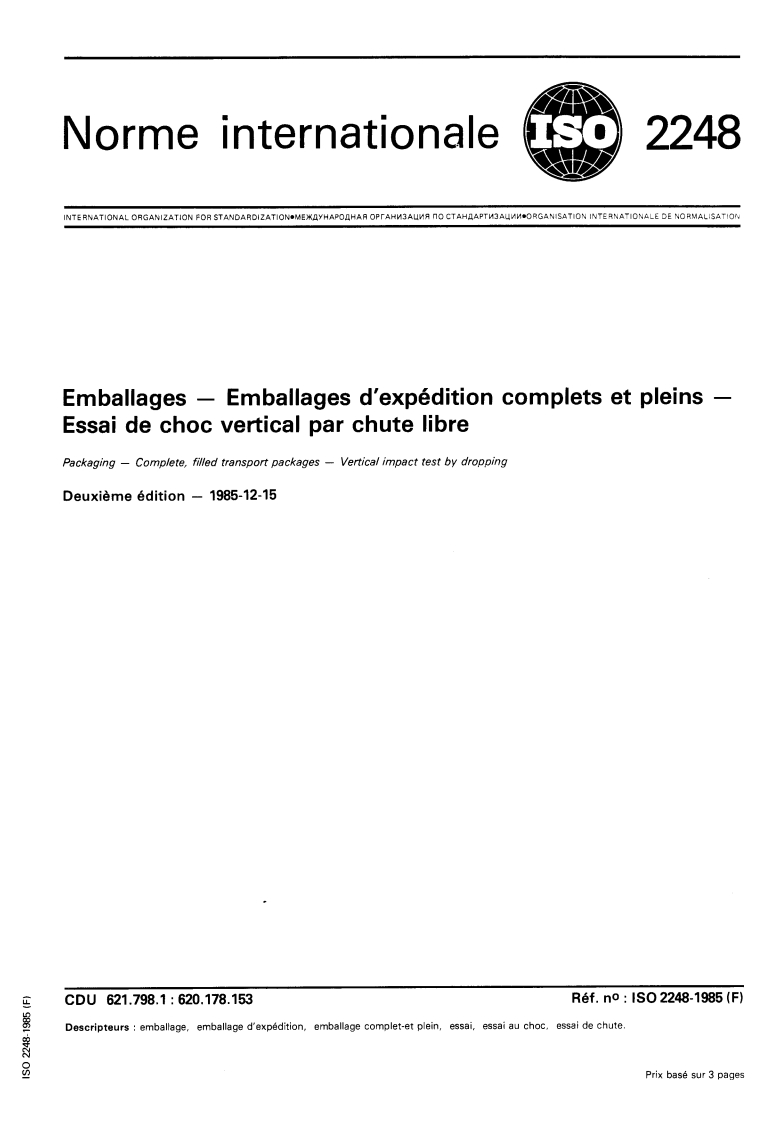 ISO 2248:1985 ISO 2248:1985 - Emballages — Emballages d'expédition complets et pleins — Essai de choc vertical par chute libre/19/1985 - Page 1 preview