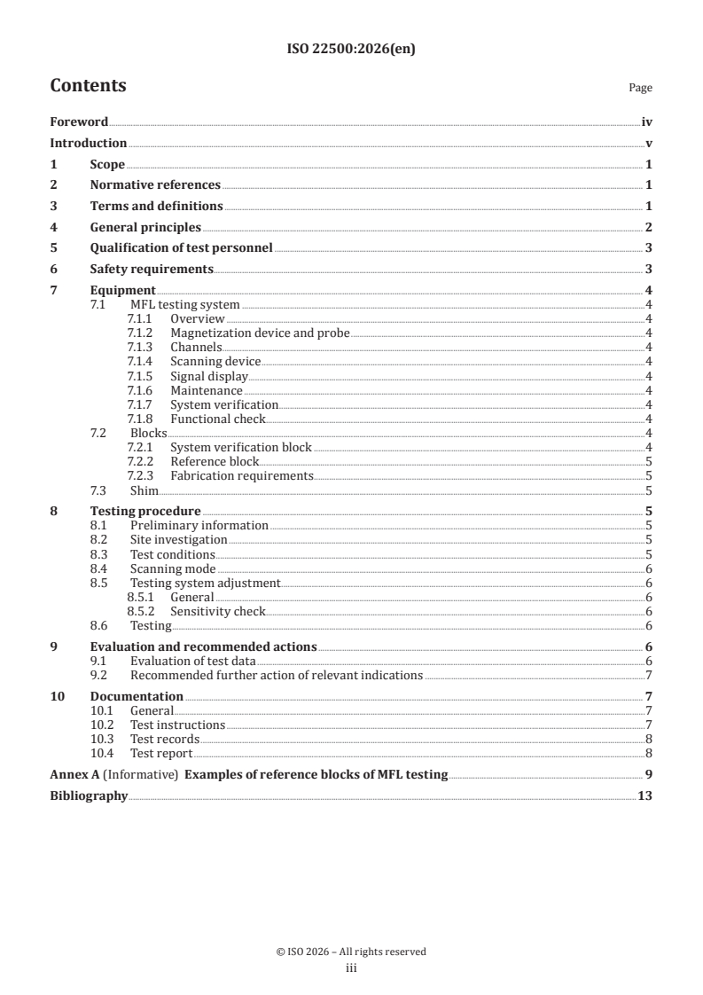 ISO 22500:2026 ISO 22500:2026 - Non-destructive testing — Magnetic flux leakage testing — Corrosion of steel plates and steel pipes of in-service equipment - Page 3 preview