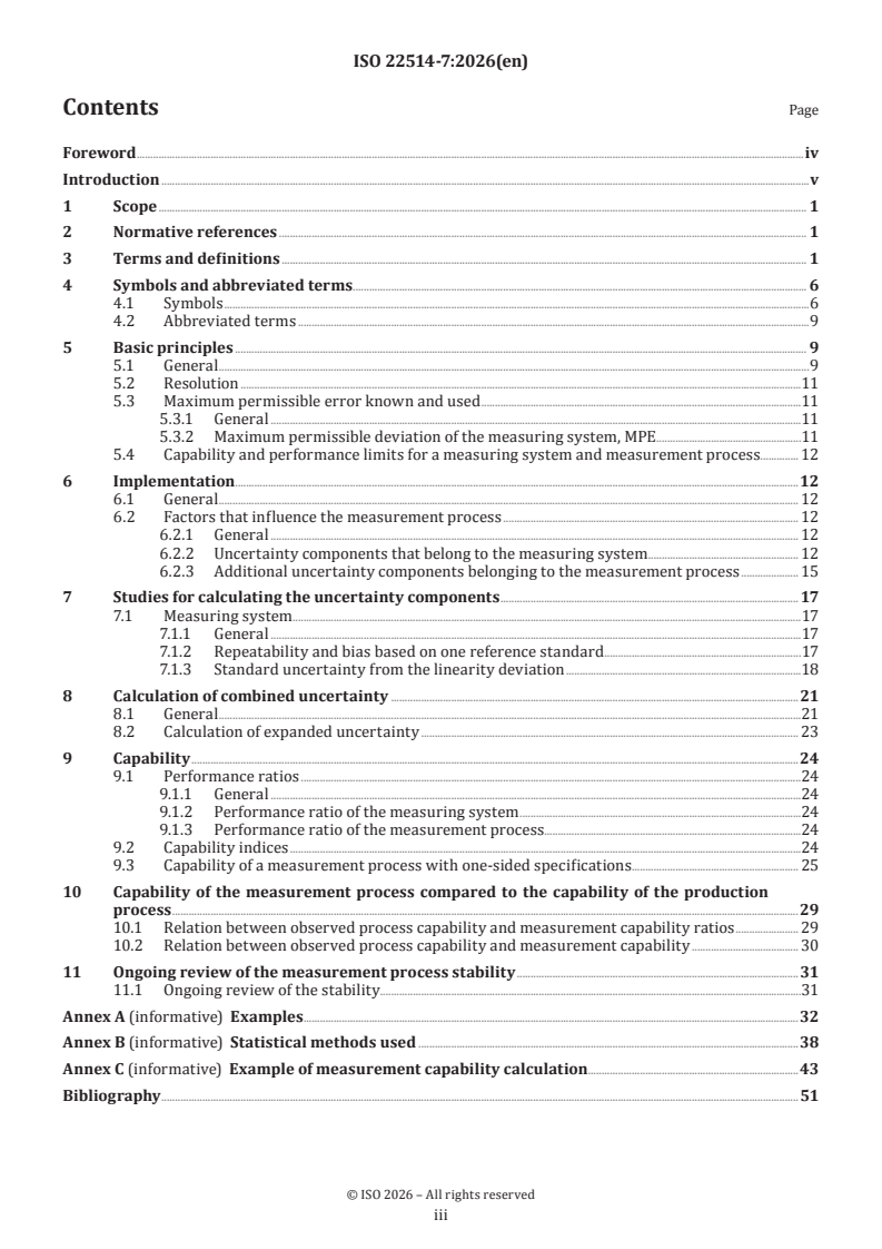 ISO 22514-7:2026 ISO 22514-7:2026 - Statistical methods in process management — Capability and performance — Part 7: Capability of measurement processes - Page 3 preview